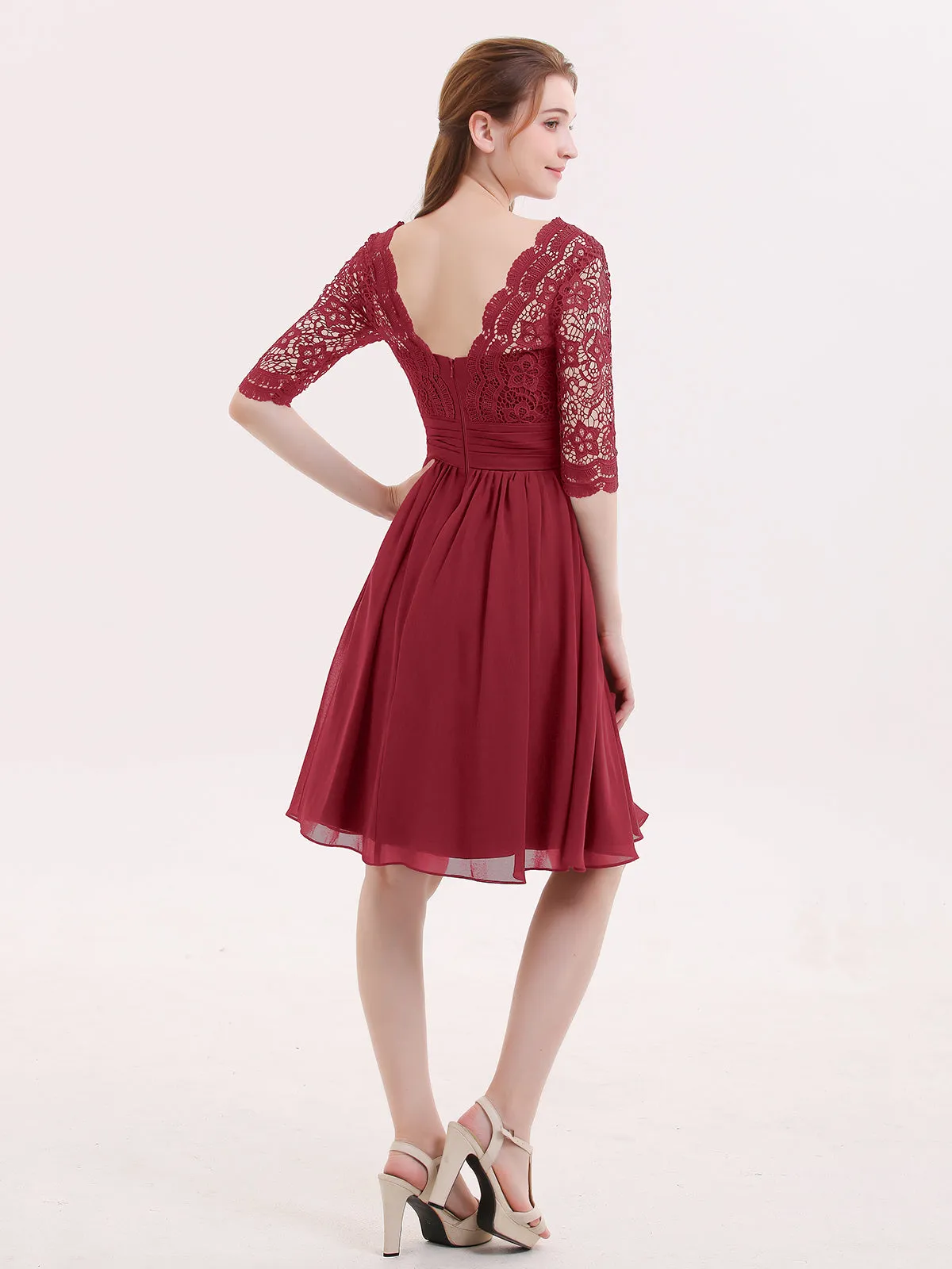 Lace and Chiffon Short Dress with Half Sleeves Burgundy