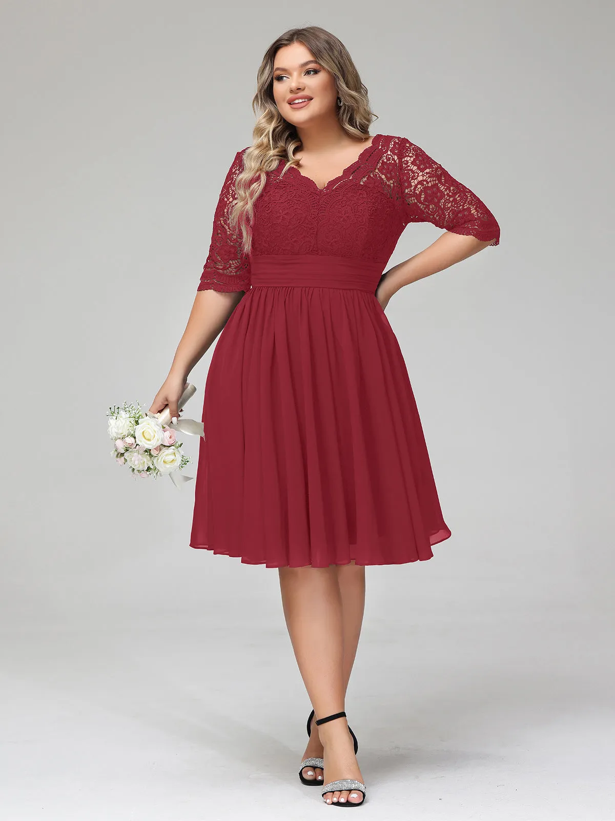 Lace and Chiffon Short Dress with Half Sleeves Burgundy