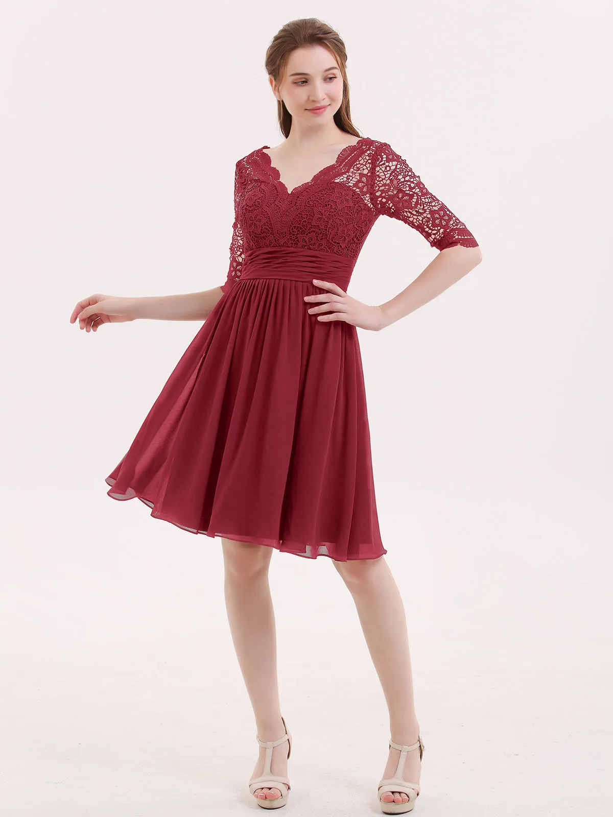 Lace and Chiffon Short Dress with Half Sleeves Burgundy