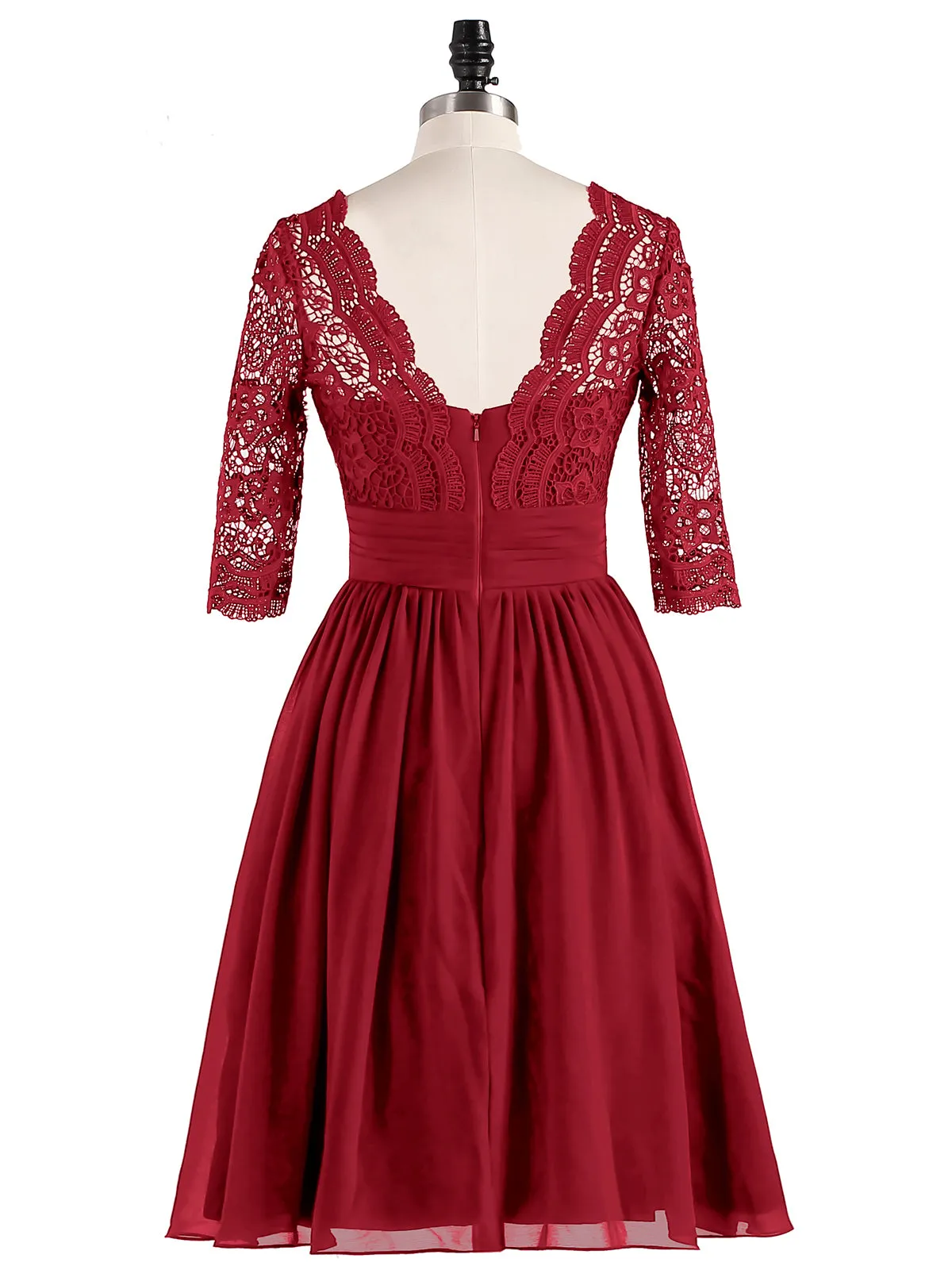 Lace and Chiffon Short Dress with Half Sleeves Burgundy