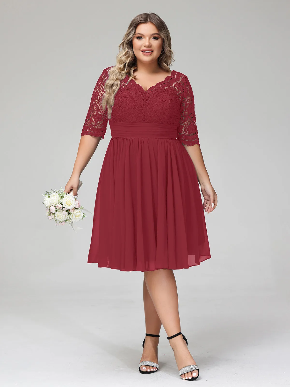 Lace and Chiffon Short Dress with Half Sleeves Burgundy