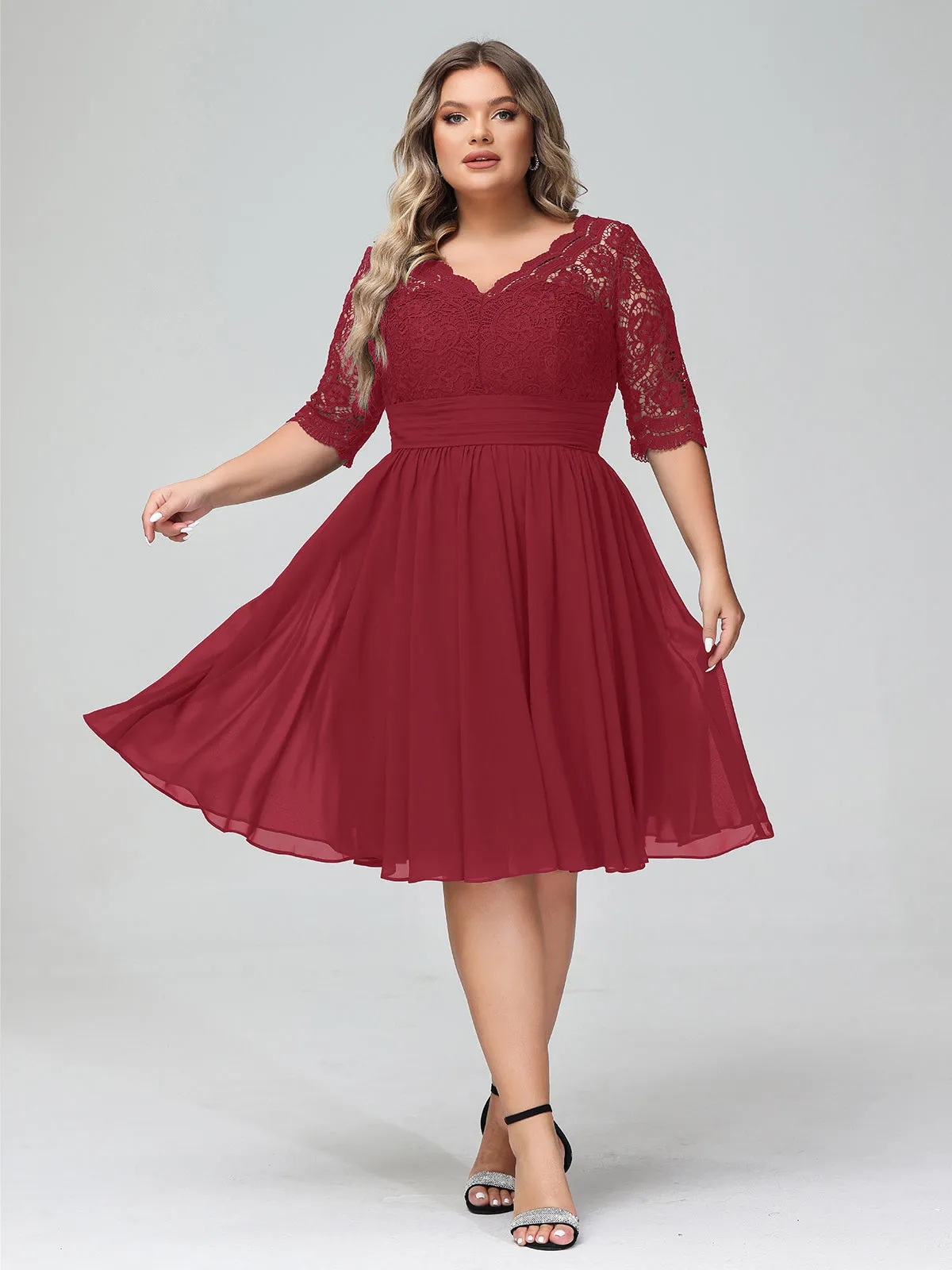 Lace and Chiffon Short Dress with Half Sleeves Burgundy