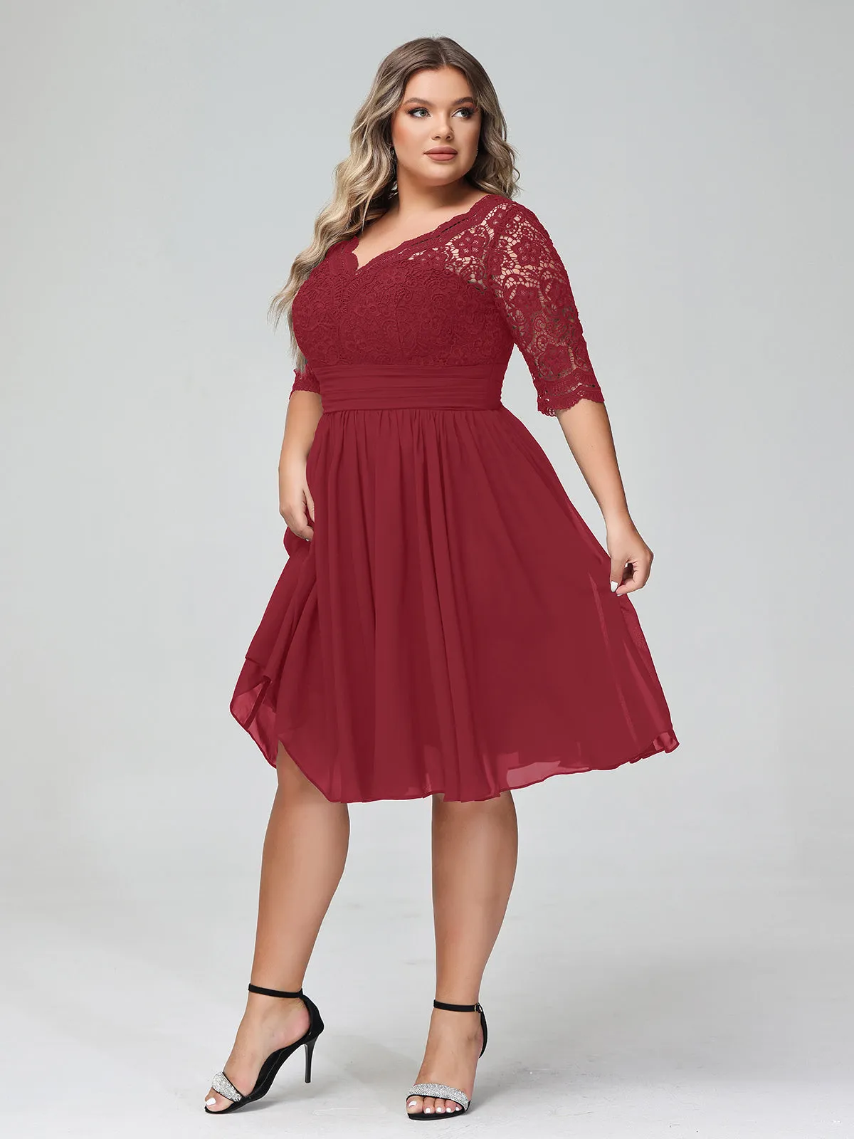 Lace and Chiffon Short Dress with Half Sleeves Burgundy