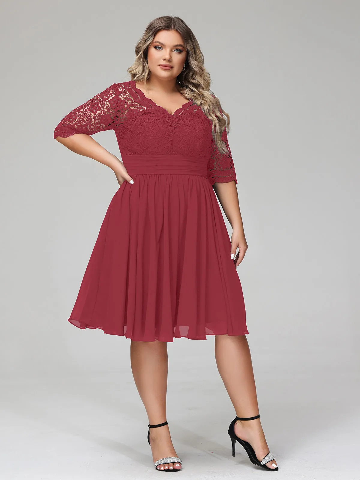 Lace and Chiffon Short Dress with Half Sleeves Burgundy