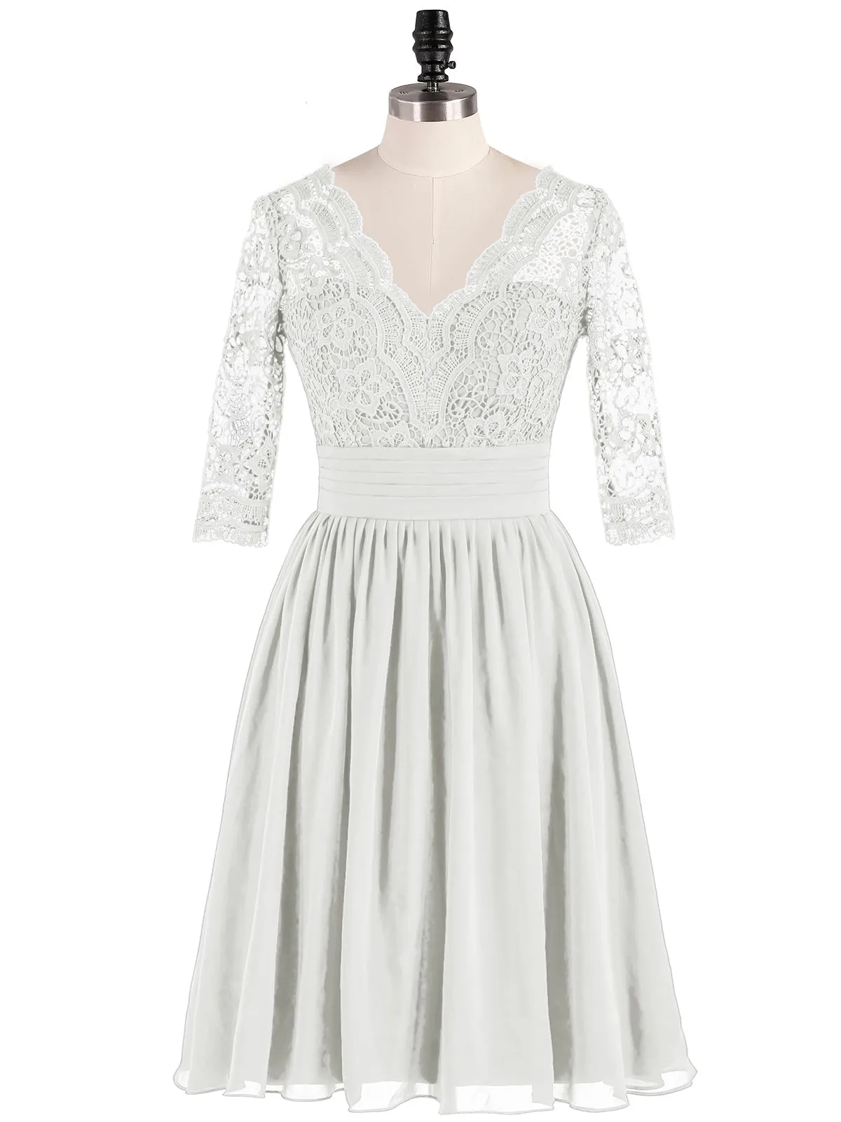 Lace and Chiffon Short Dress with Half Sleeves Ivory