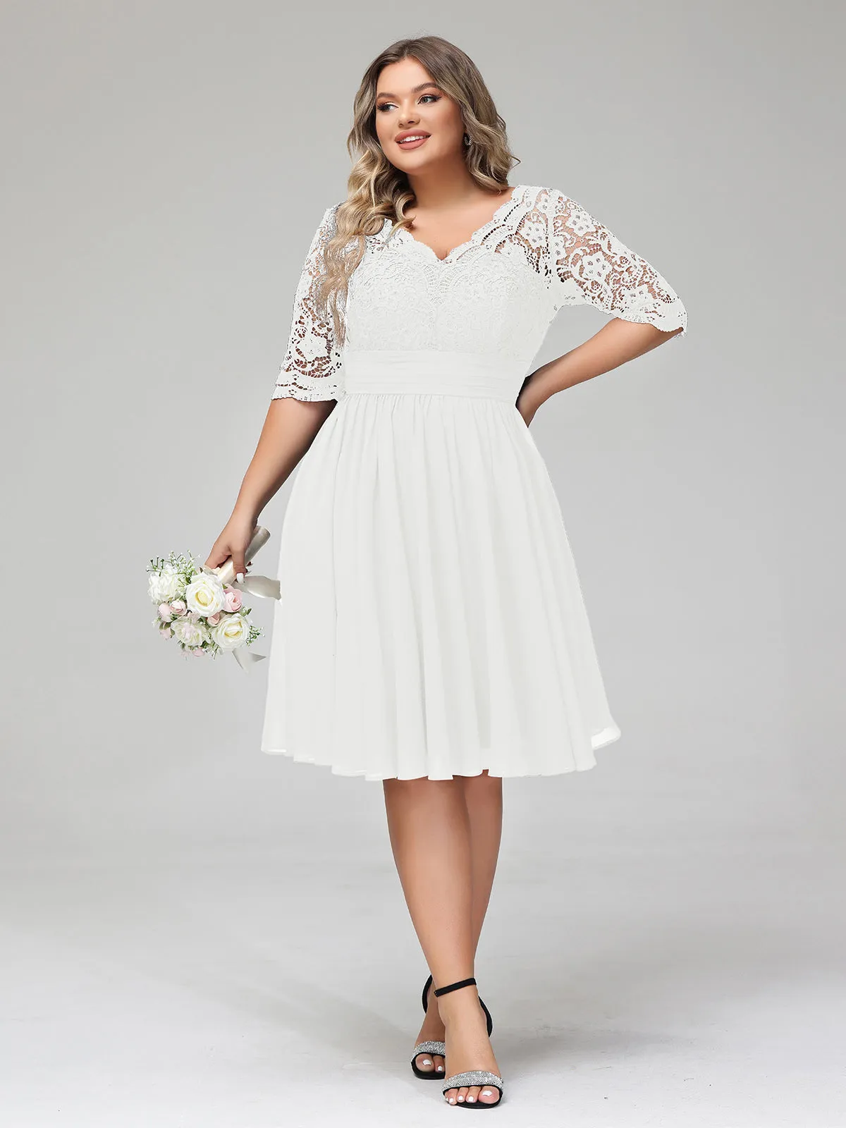 Lace and Chiffon Short Dress with Half Sleeves Ivory