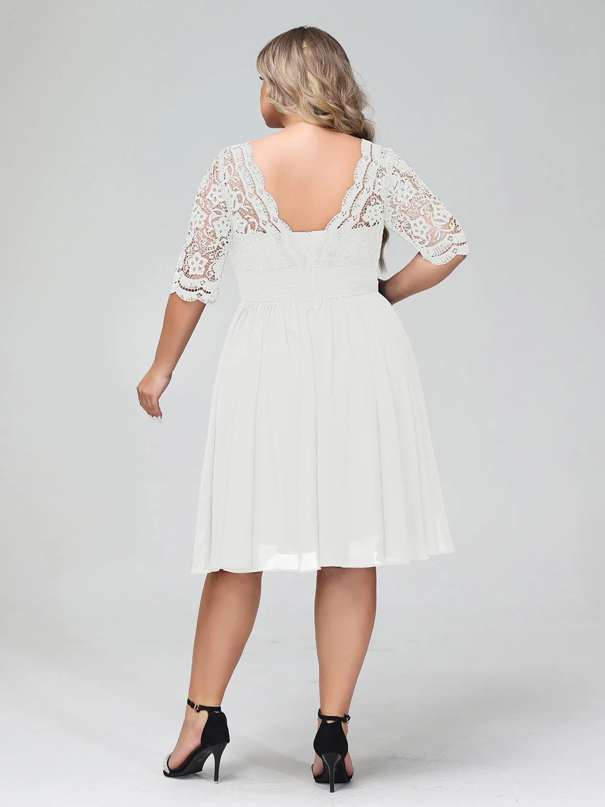 Lace and Chiffon Short Dress with Half Sleeves Ivory