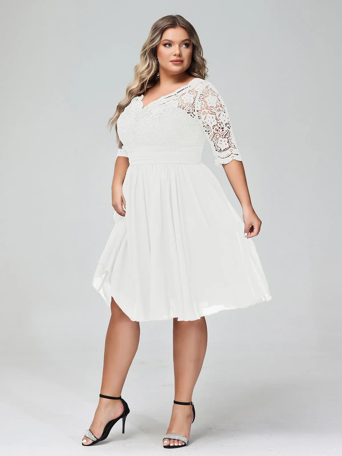 Lace and Chiffon Short Dress with Half Sleeves Ivory