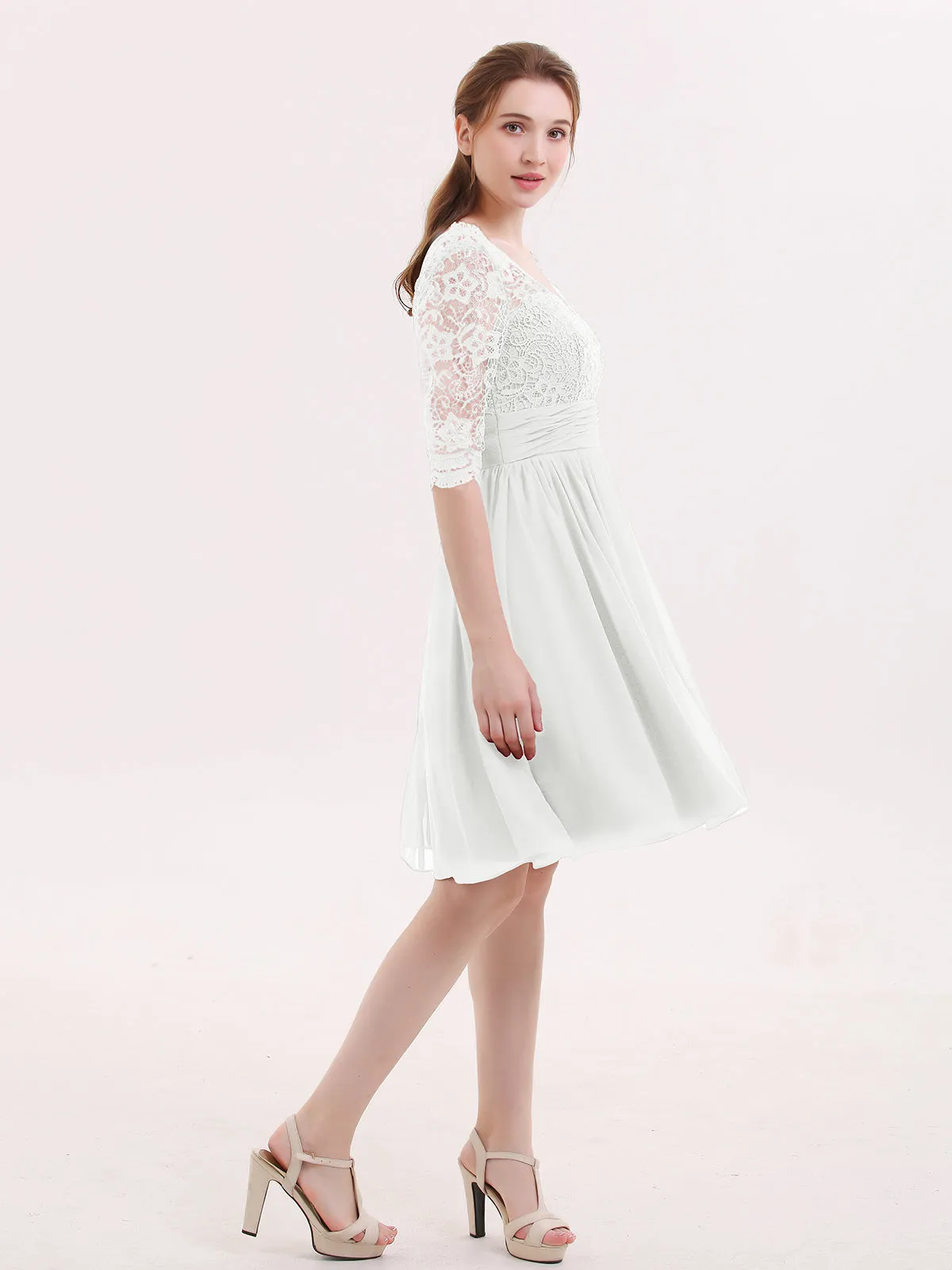 Lace and Chiffon Short Dress with Half Sleeves Ivory