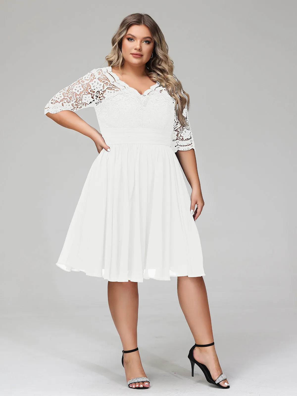 Lace and Chiffon Short Dress with Half Sleeves Ivory