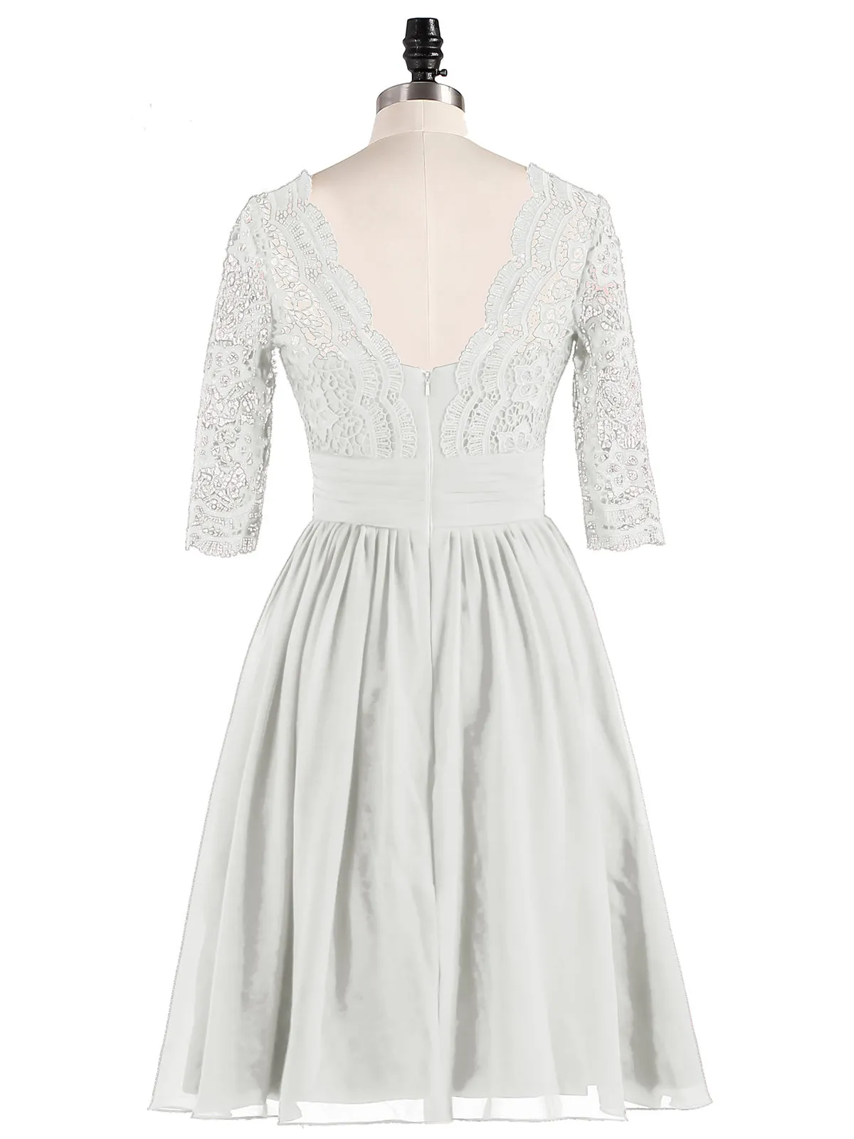 Lace and Chiffon Short Dress with Half Sleeves Ivory