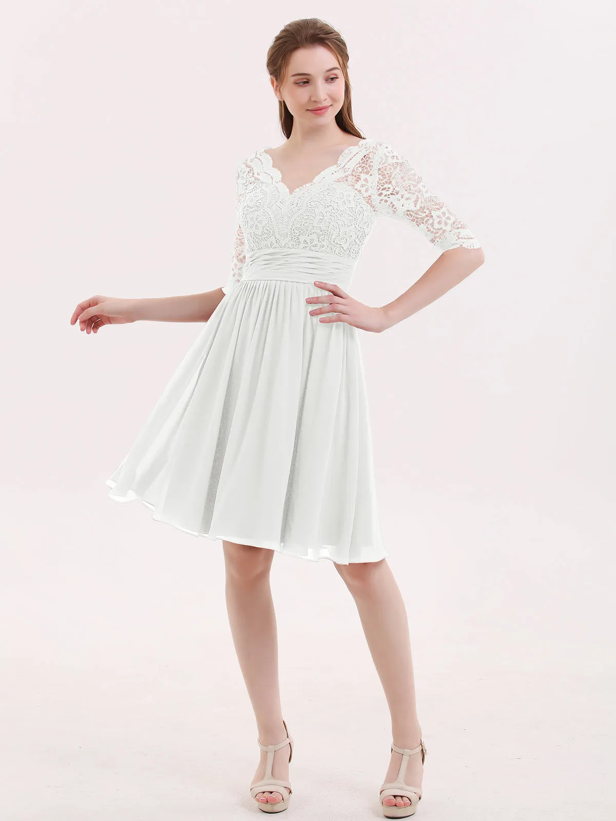 Lace and Chiffon Short Dress with Half Sleeves Ivory