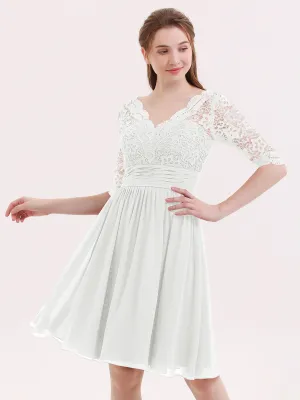 Lace and Chiffon Short Dress with Half Sleeves Ivory