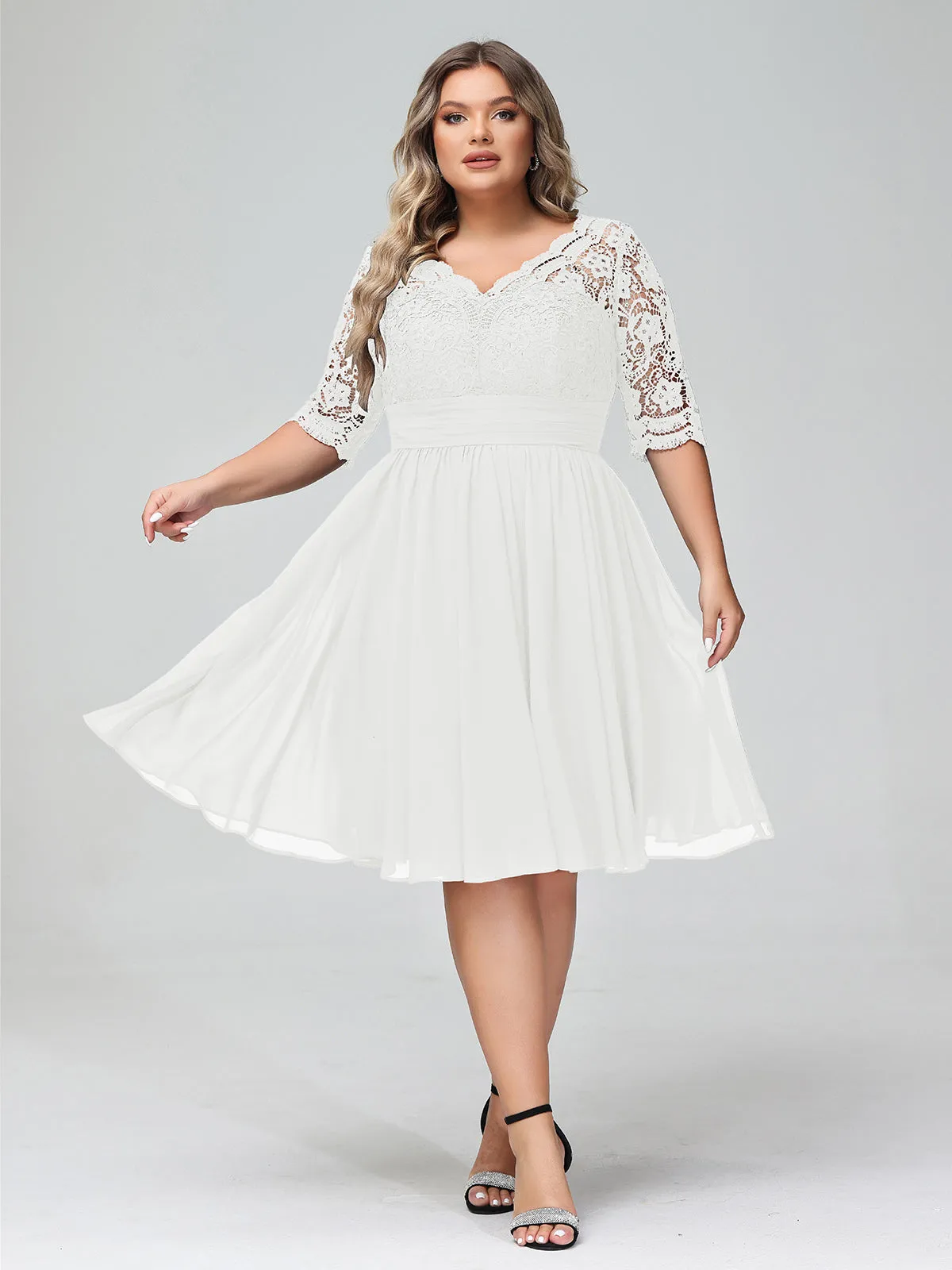 Lace and Chiffon Short Dress with Half Sleeves Ivory