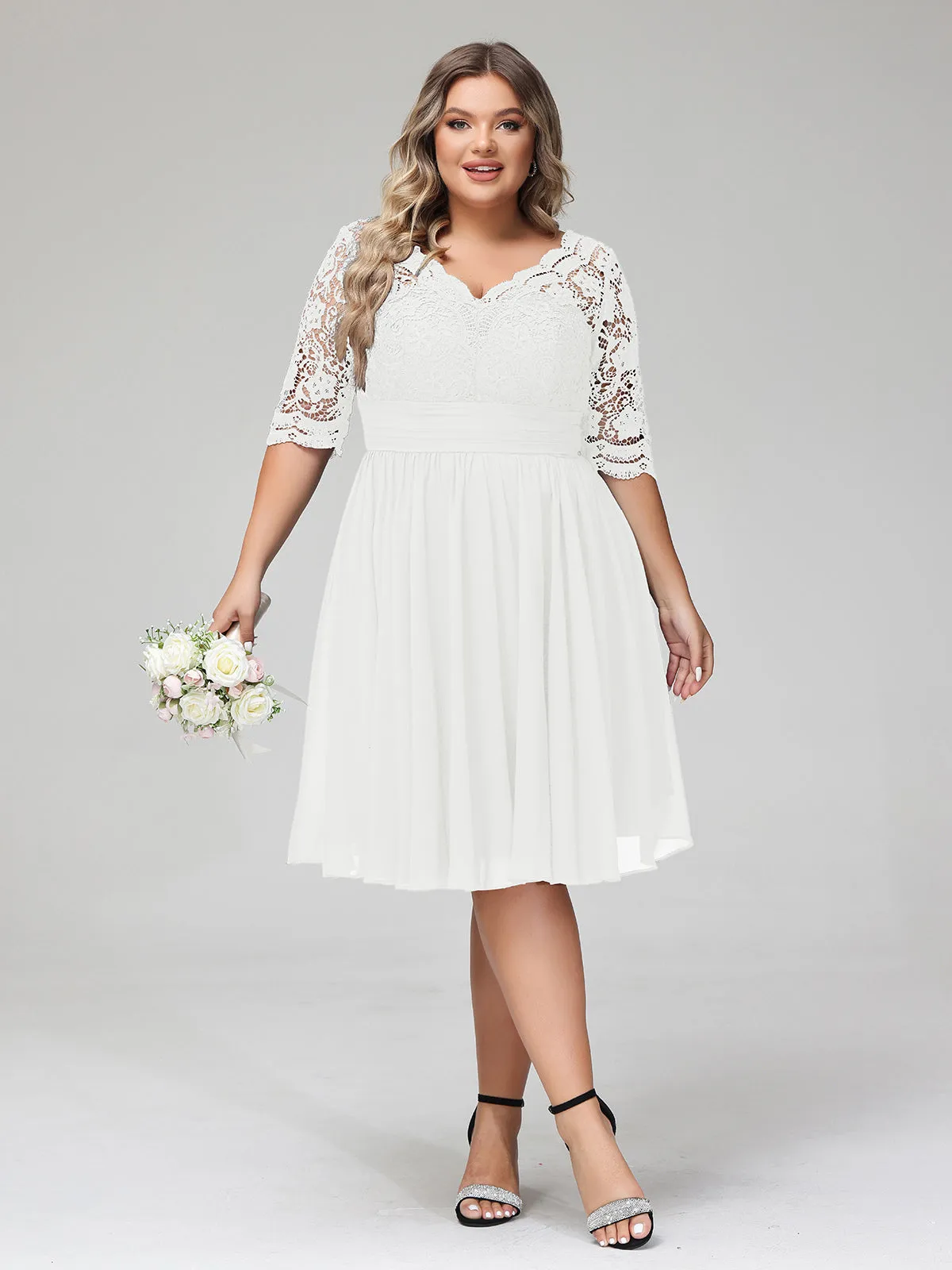 Lace and Chiffon Short Dress with Half Sleeves Ivory