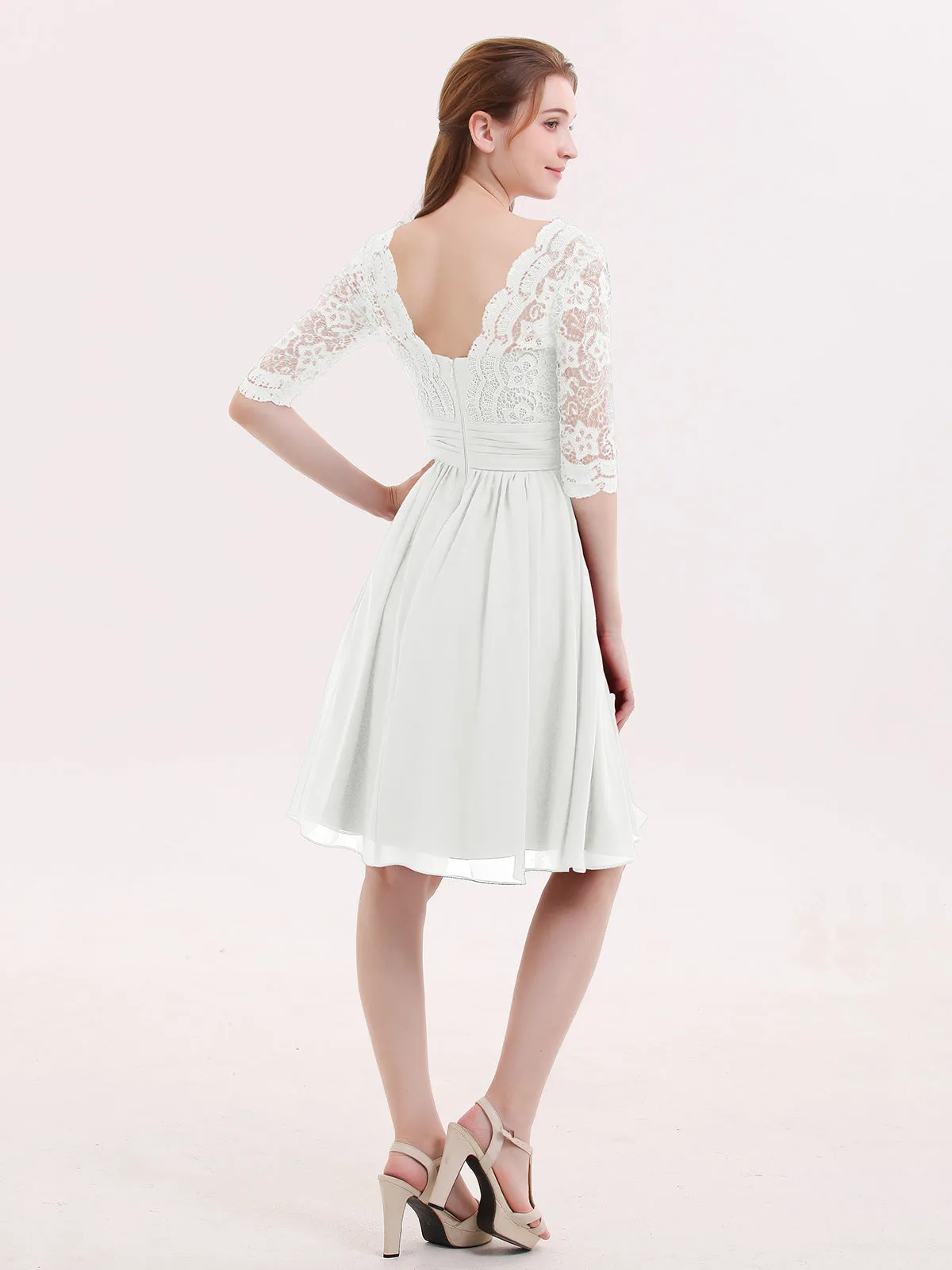 Lace and Chiffon Short Dress with Half Sleeves Ivory