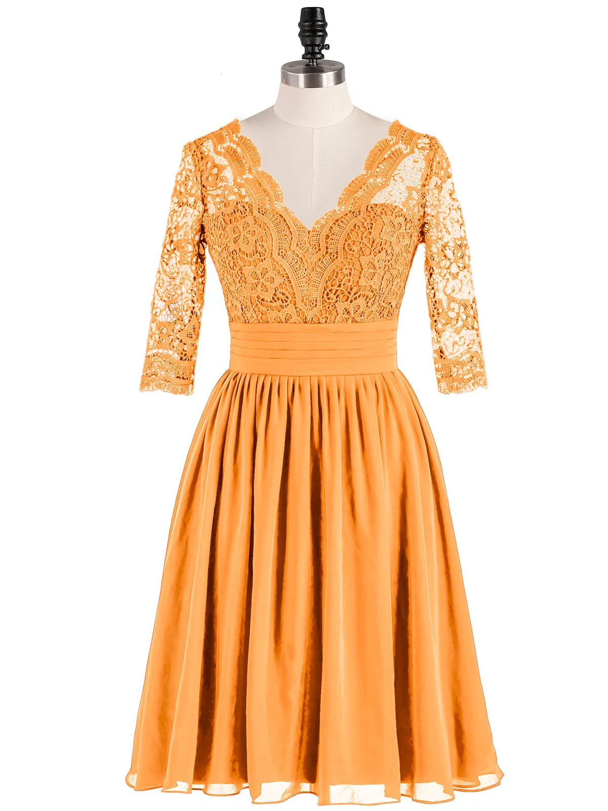 Lace and Chiffon Short Dress with Half Sleeves Tangerine