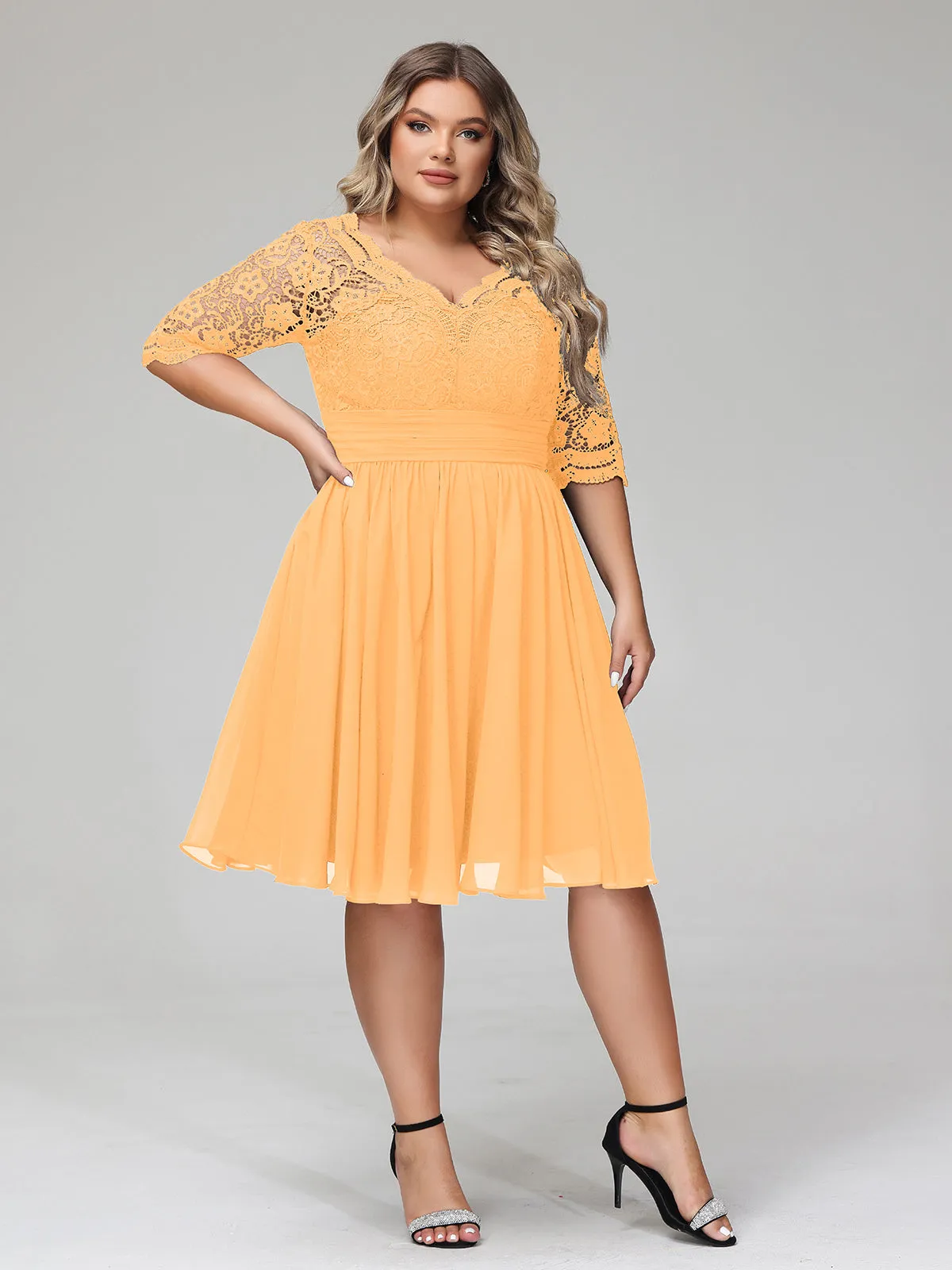 Lace and Chiffon Short Dress with Half Sleeves Tangerine