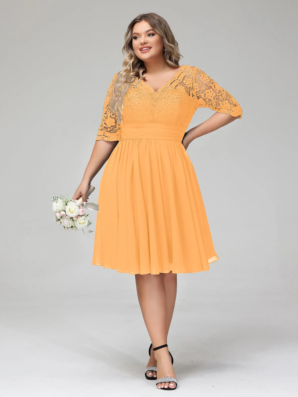 Lace and Chiffon Short Dress with Half Sleeves Tangerine