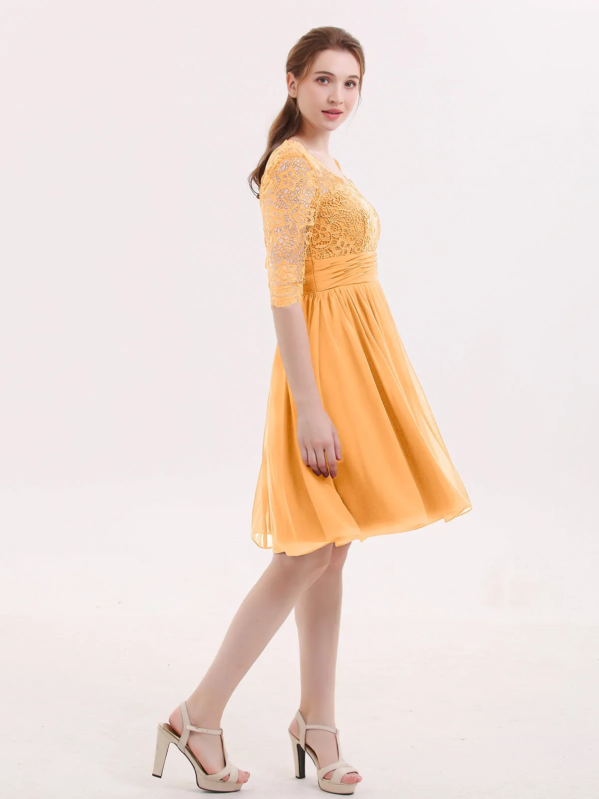 Lace and Chiffon Short Dress with Half Sleeves Tangerine