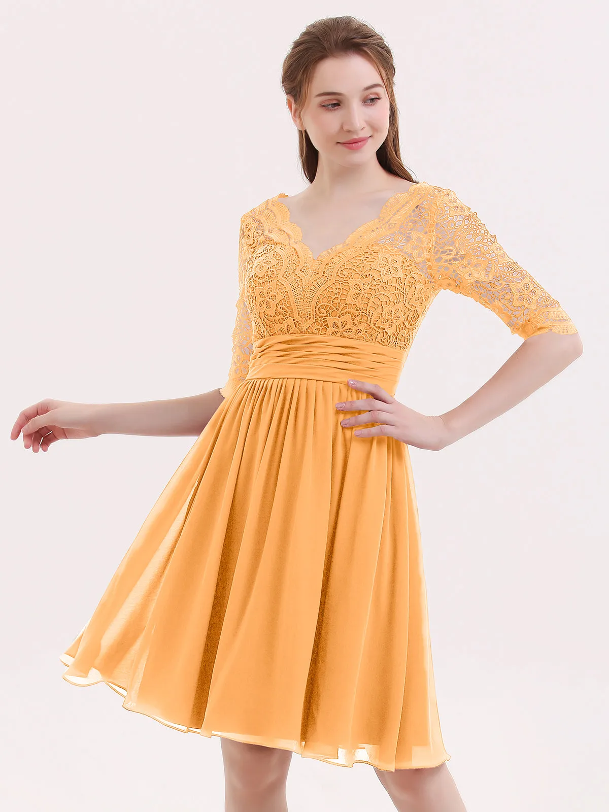 Lace and Chiffon Short Dress with Half Sleeves Tangerine