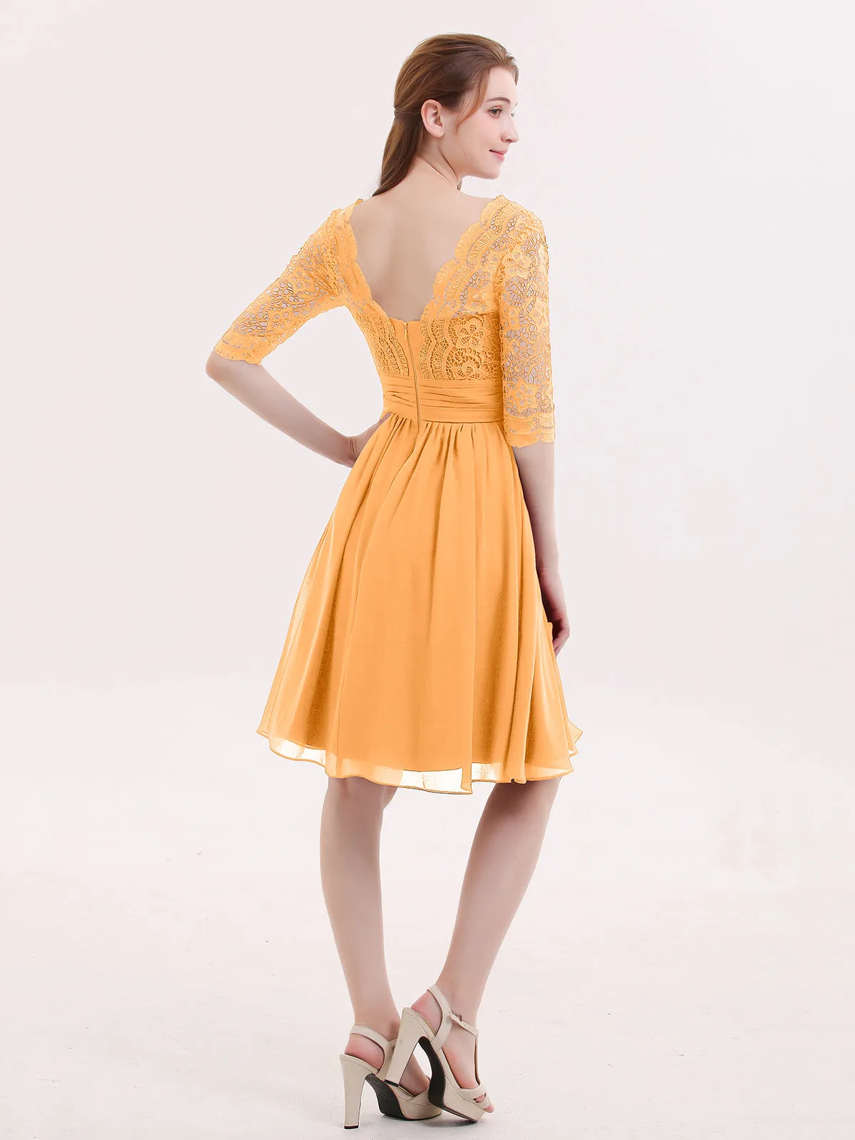 Lace and Chiffon Short Dress with Half Sleeves Tangerine