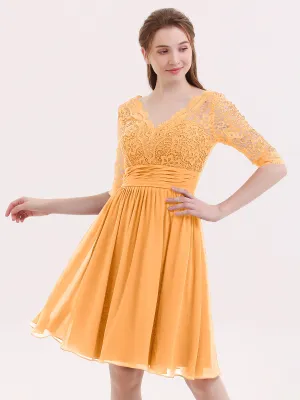 Lace and Chiffon Short Dress with Half Sleeves Tangerine