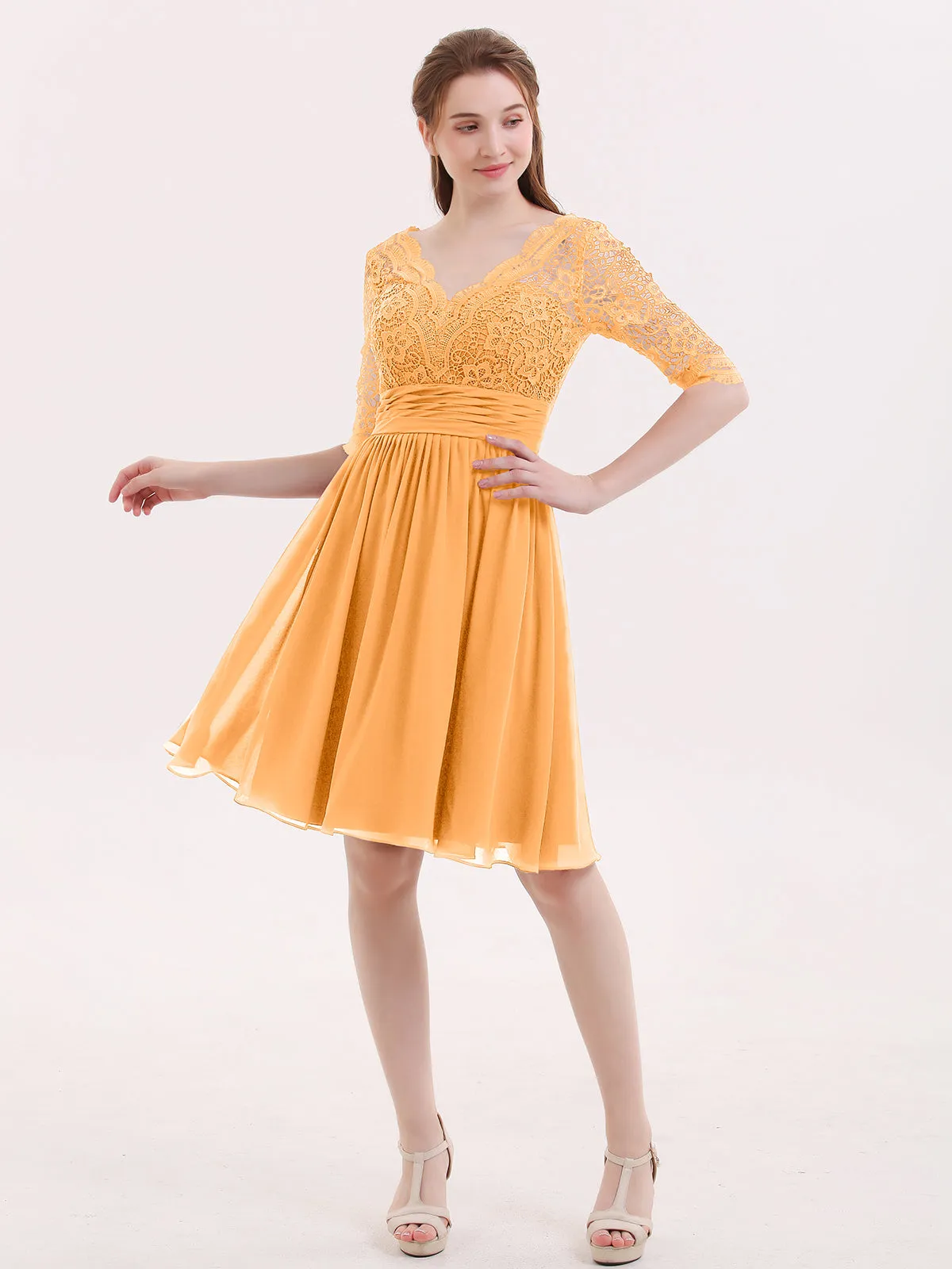 Lace and Chiffon Short Dress with Half Sleeves Tangerine