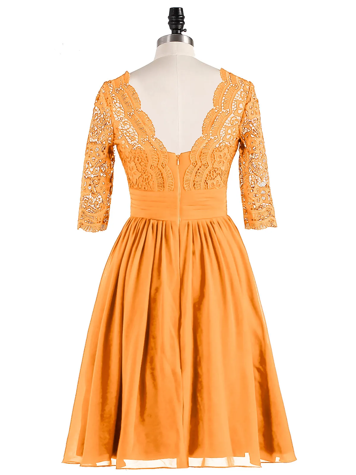 Lace and Chiffon Short Dress with Half Sleeves Tangerine