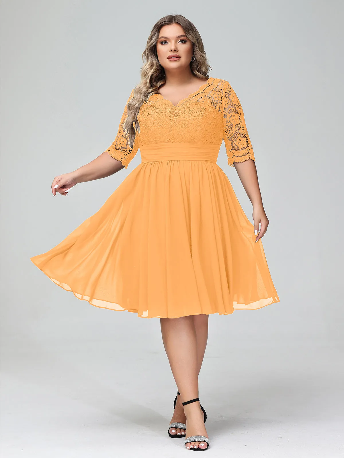 Lace and Chiffon Short Dress with Half Sleeves Tangerine