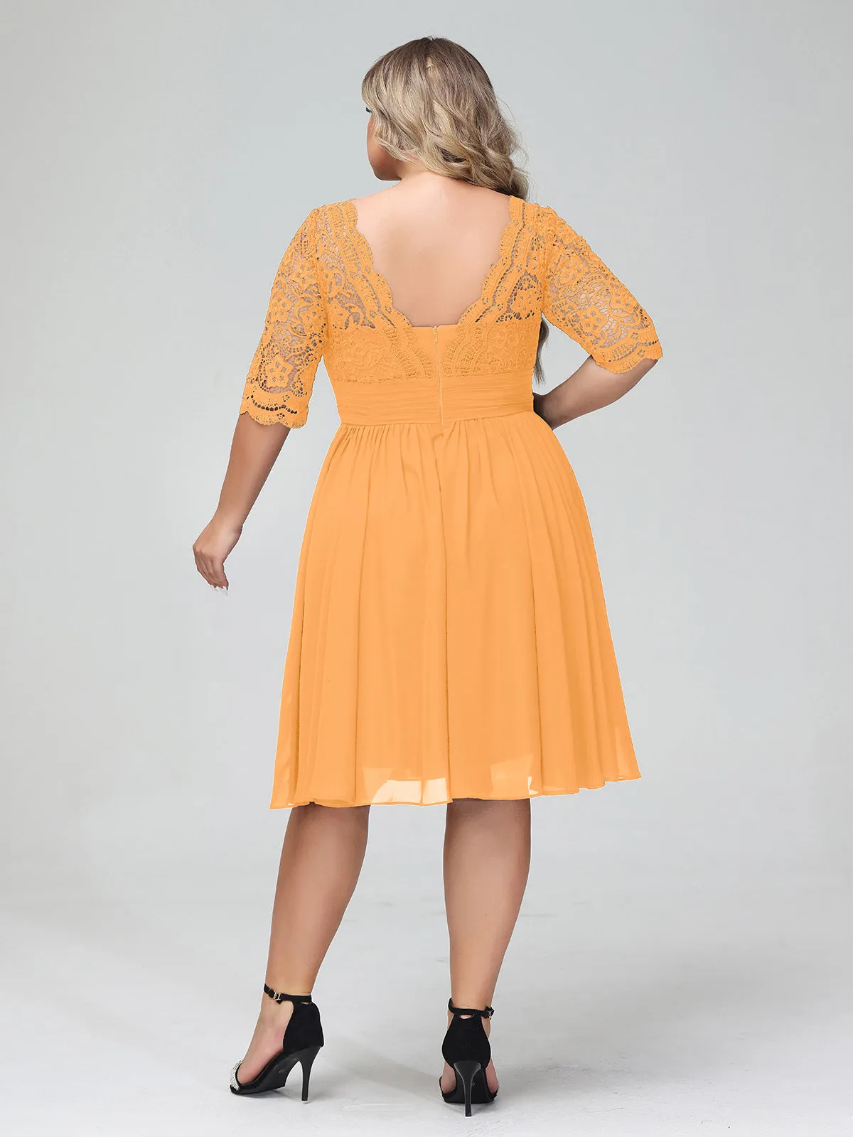 Lace and Chiffon Short Dress with Half Sleeves Tangerine