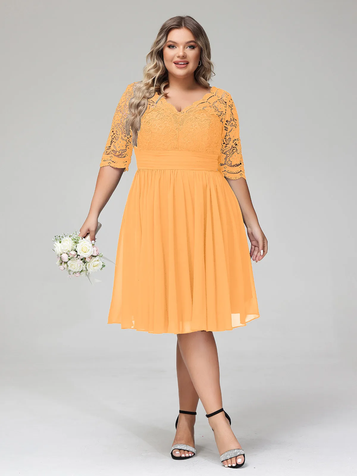 Lace and Chiffon Short Dress with Half Sleeves Tangerine