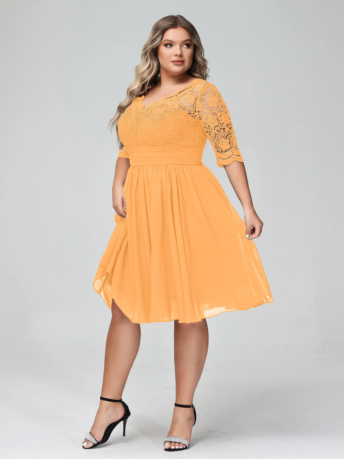 Lace and Chiffon Short Dress with Half Sleeves Tangerine