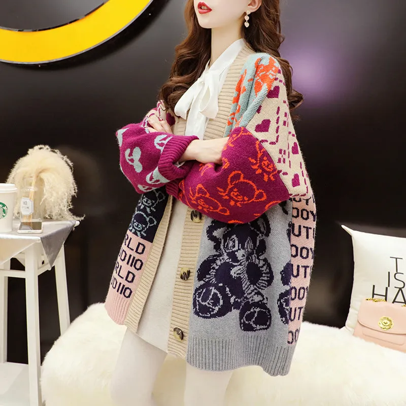 Living It Up Patterned Color Block Oversized Cardigan