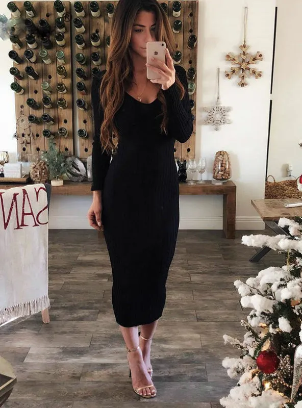 Long Sleeve Sexy Midi Dresses Elastic Slim Party Dress