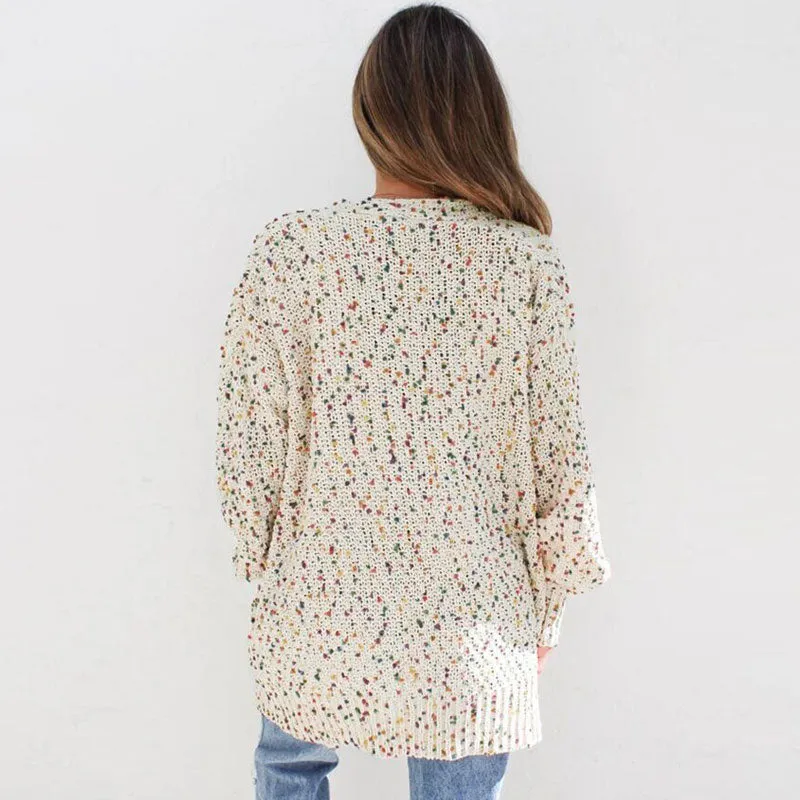 Multicolored Spotted Drop Shoulder Long Sleeve Open Front Knit Cardigan