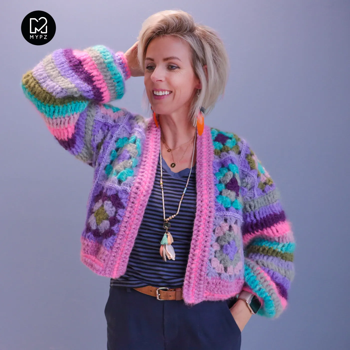 MYPZ Chunky Mohair Granny square cardigan Purple Candy