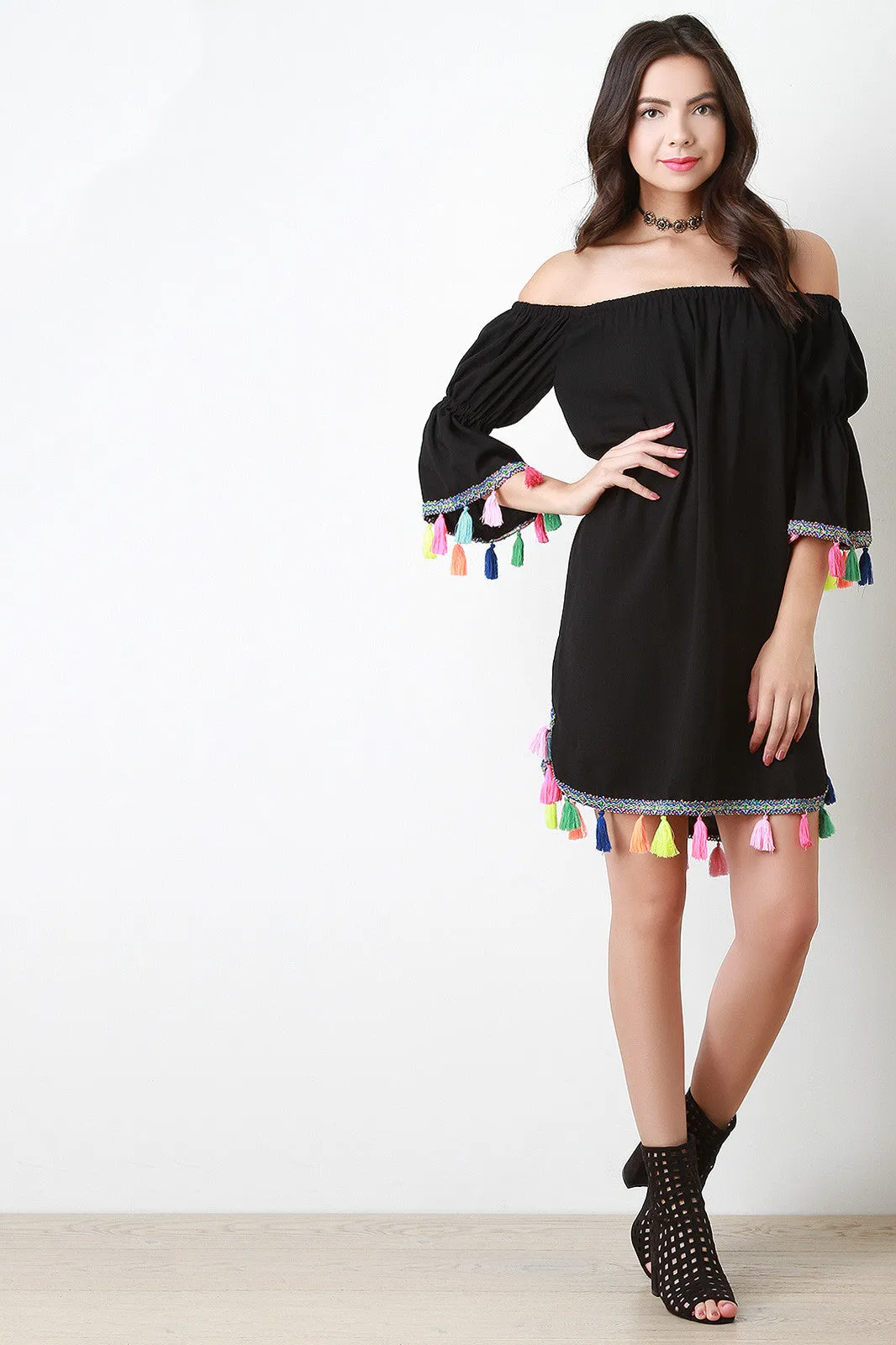 Neon Tassel Trim Off The Shoulder Shift Dress