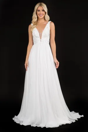 Nina Canacci 2205 lace plunging neckline long wedding dress size 10 with train chiffon