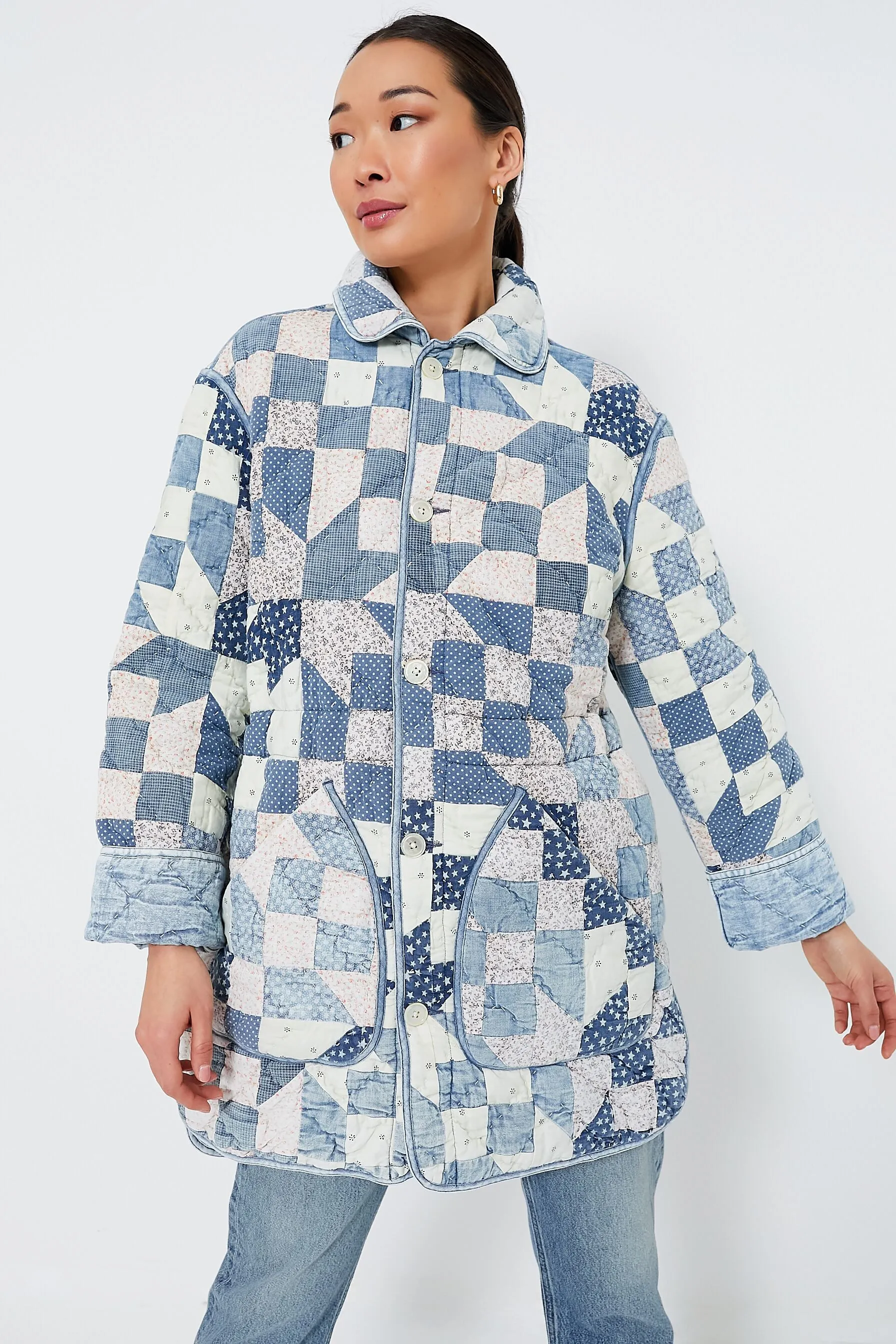 Patchwork Chambray Cotton Blend Reversible Coat