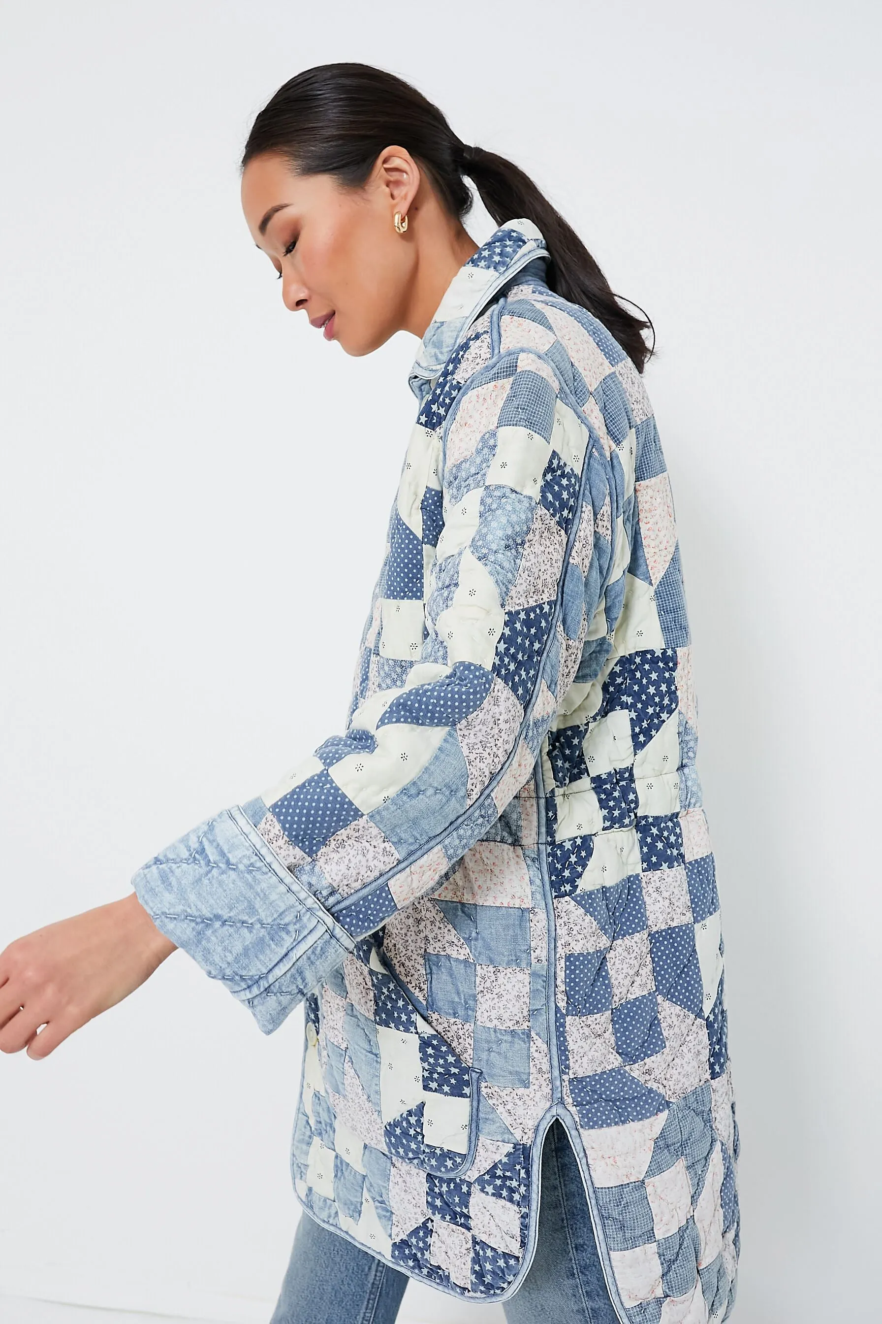 Patchwork Chambray Cotton Blend Reversible Coat