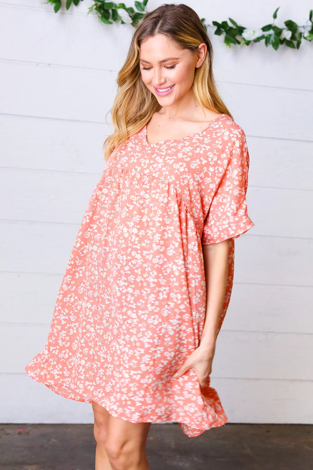 Peach Ditsy Floral Woven Dolman V Neck Dress