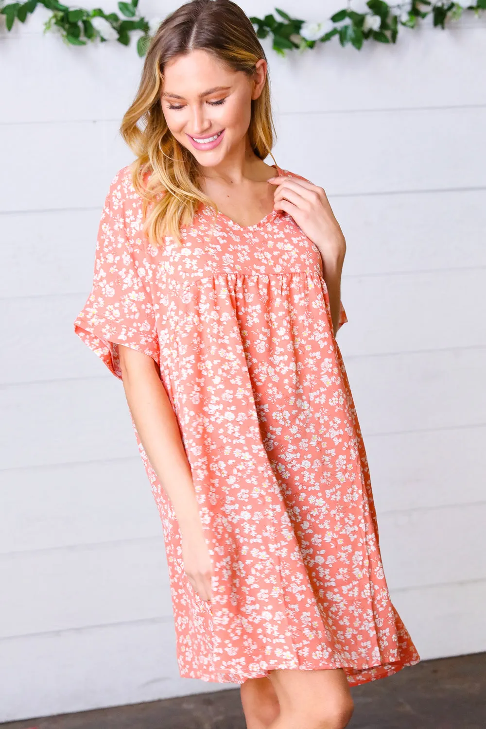 Peach Ditsy Floral Woven Dolman V Neck Dress