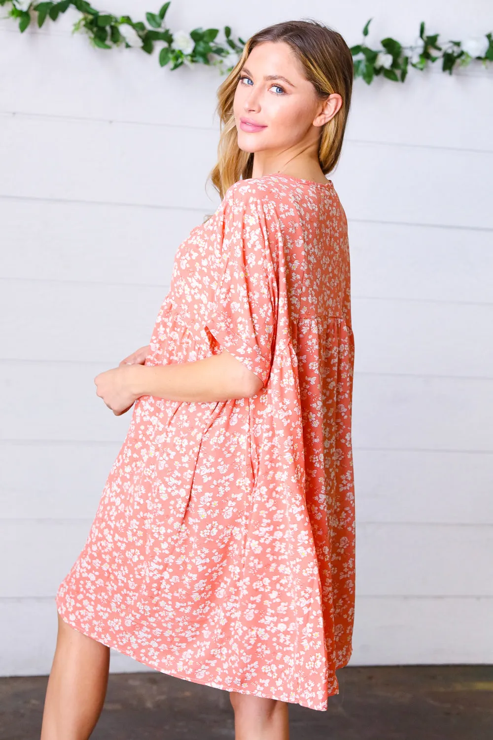 Peach Ditsy Floral Woven Dolman V Neck Dress