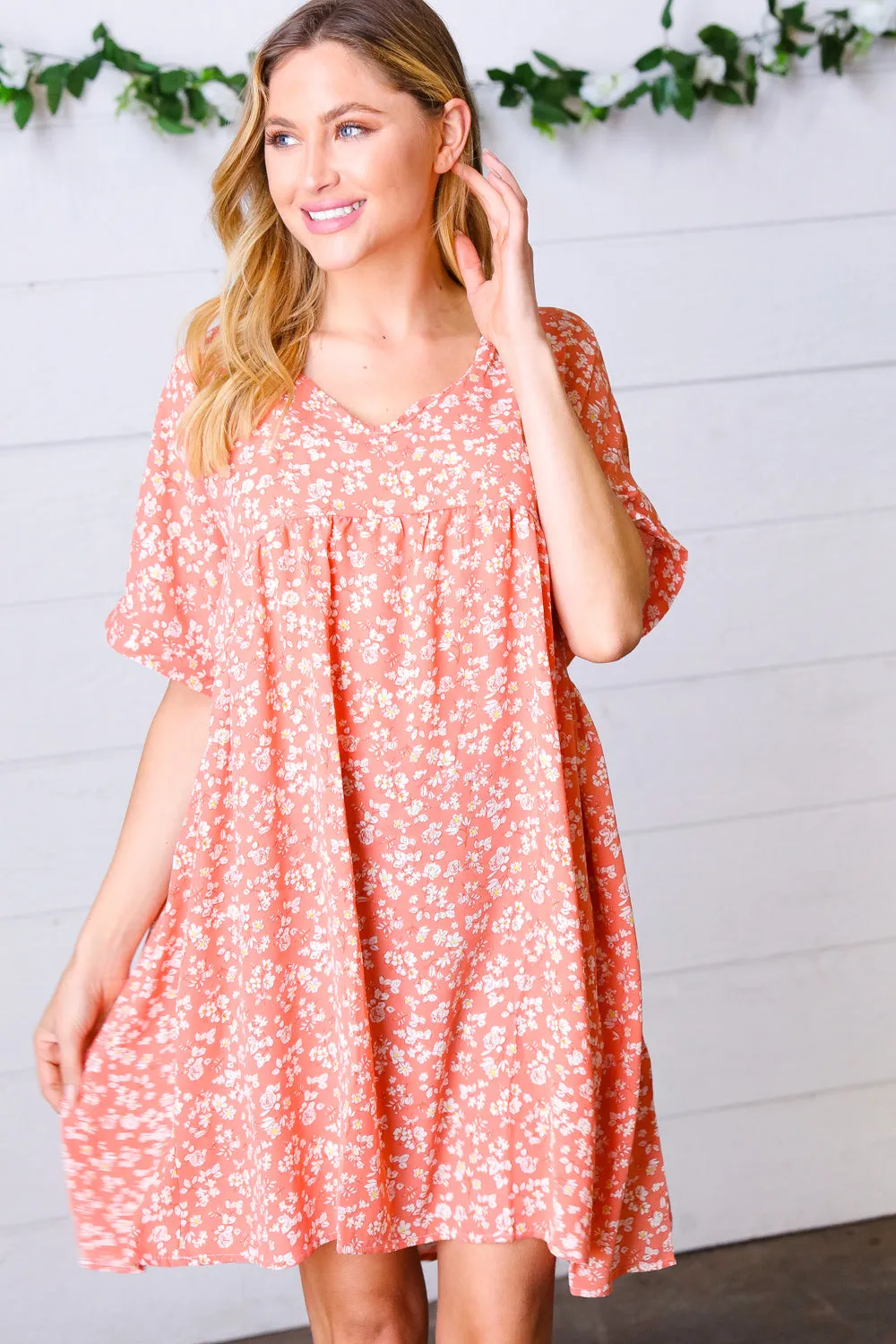 Peach Ditsy Floral Woven Dolman V Neck Dress