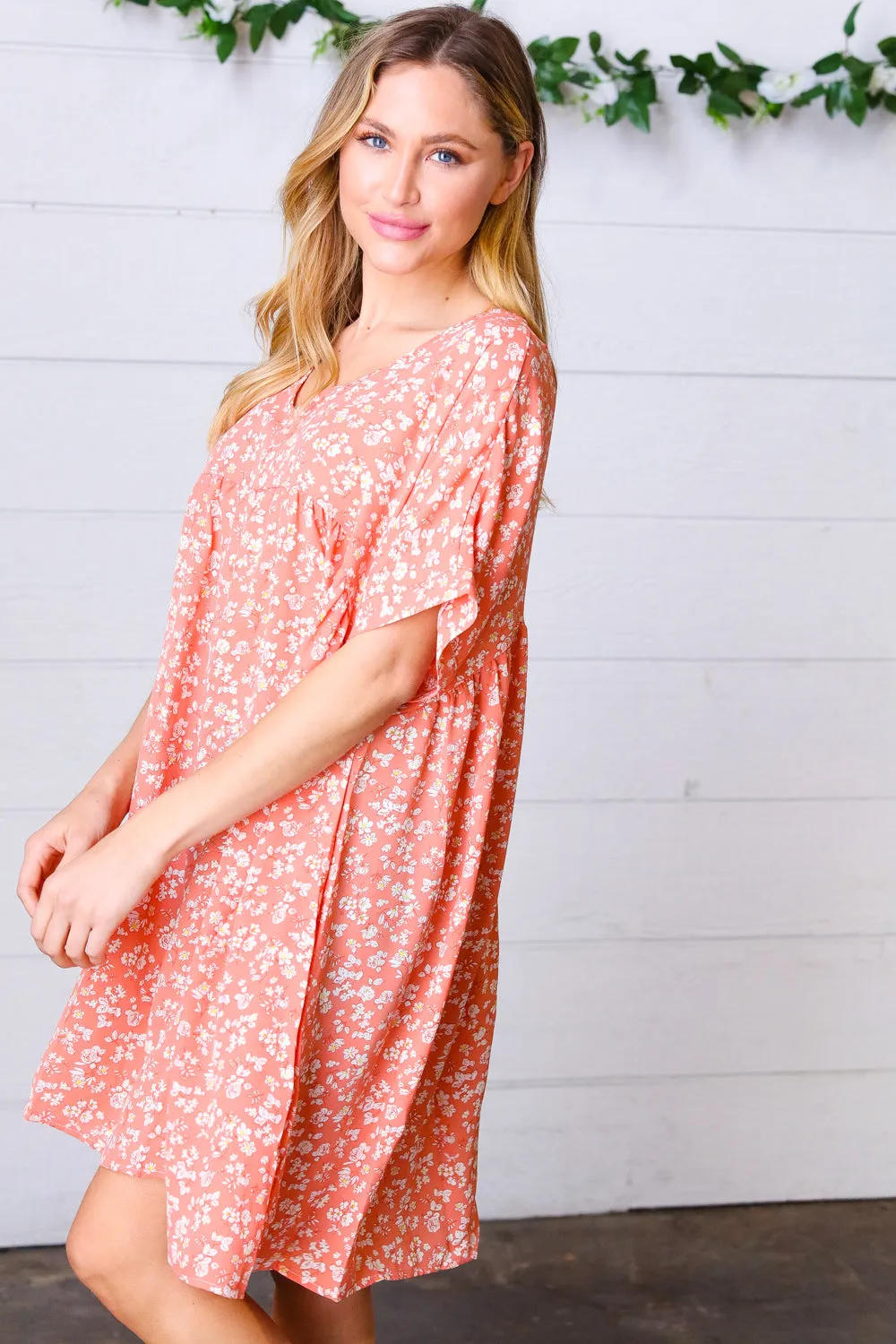 Peach Ditsy Floral Woven Dolman V Neck Dress