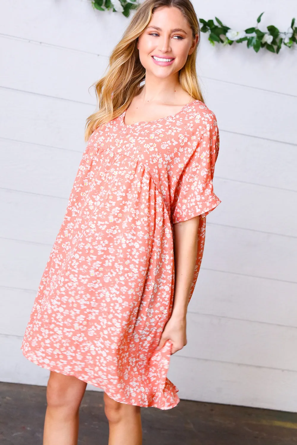 Peach Ditsy Floral Woven Dolman V Neck Dress