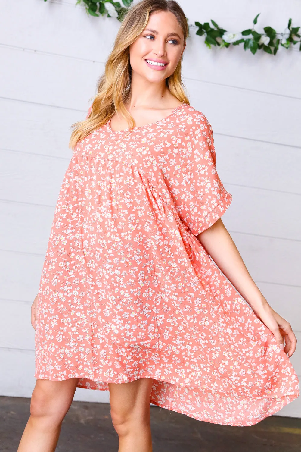 Peach Ditsy Floral Woven Dolman V Neck Dress