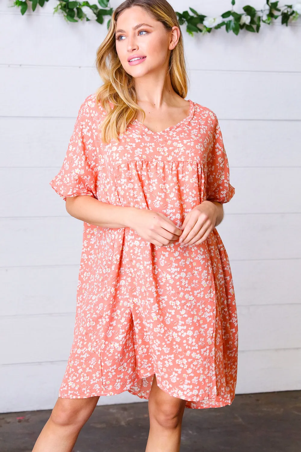 Peach Ditsy Floral Woven Dolman V Neck Dress