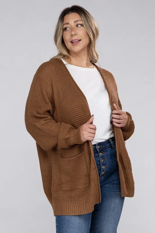 Plus Size Low Gauge Waffle Open Cardigan Sweater